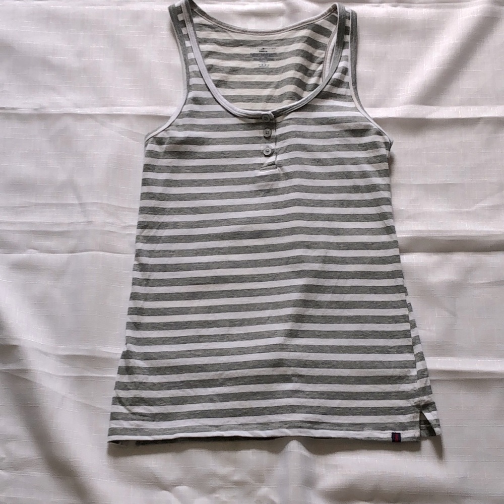 Women’s Grey & White Striped Fitted Henley Tank